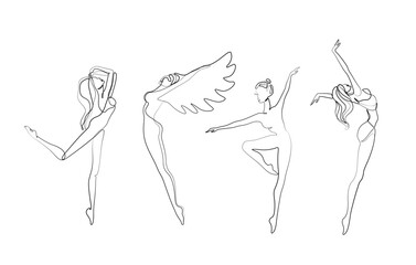 Woman dancers, girl with wings, dancer continuous line drawing, small tattoo, print for clothes and logo design, emblem, logo design, silhouette one single line, isolated abstract vector illustration.
