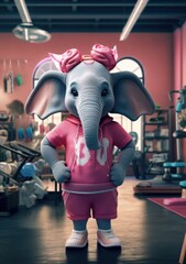 Cartoon sporty elephant training in the gym, AI