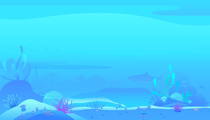Obraz premium Underwater world scene of coral reefs and sea life in the deep blue ocean.