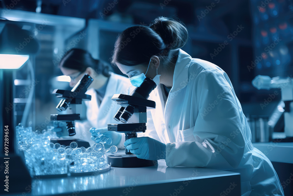 Poster this photo captures biologists in a lab setting, meticulously scrutinizing cells under a microscope,