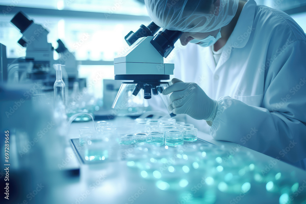 Poster highlighting the precision of lab work, the image shows scientists engaged in cell study using advan