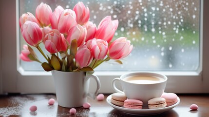 Fototapeta na wymiar A cup of coffee next to a bouquet of pink tulips.
