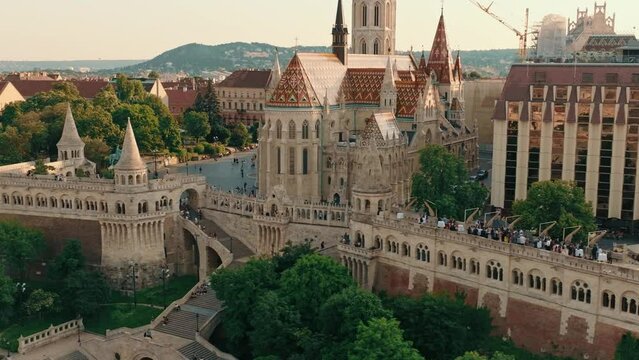 Aerial shot of Matthias Church and Fisherman's Bastion, Budapest, Hungary