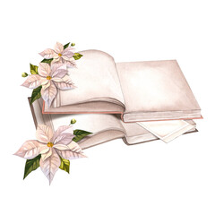 Open books with flowers. Book decorated with white Poinsettia flowers. Christmas interior. Reading. Watercolor illustration for background design, stickers, greeting card. Book store
