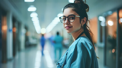 young female nurse wearing scrubs working in a hospital