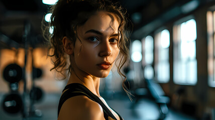 headshot portrait of woman athlete in the gym training with a workout session with weight lifting - obrazy, fototapety, plakaty