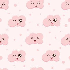 Seamless funny pattern with cartoon pink clouds. Vector character design in kawaii style