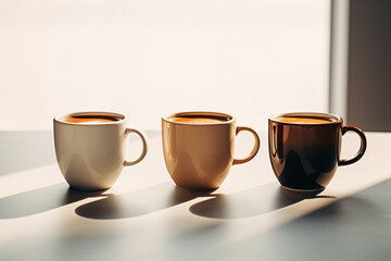 three coffee cups sitting on a table next to each other