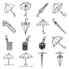 Umbrella Doodle vector icon set. Drawing sketch illustration hand drawn line eps10