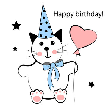 Cute cat on a white background. Happy birthday to you