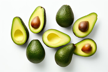 a group of avocados cut in half on a white surface