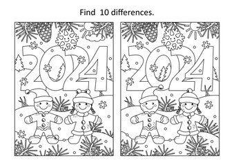 Year 2024 difference game and coloring page with year 2024 heading, gingerbread man and gingerbread girl, cheerful snowflake and outdoor winter scene
