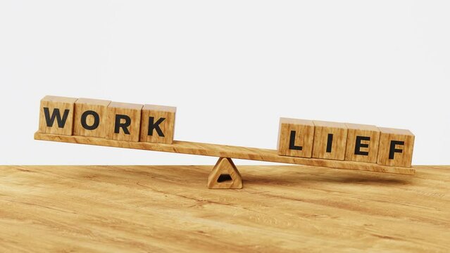 WORK LIFE balance concept. Choice between passion, love family versus job, money and professional management. WORK LIFE wooden cubes on balance scales. 4k 3d animation