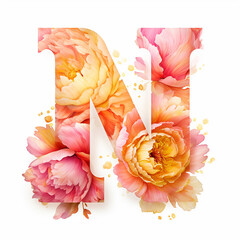 Creative letter N concept made of fresh yellow and pink peony