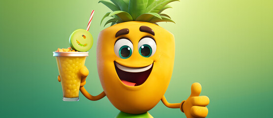 Smiling pineapple character holding a fruit drink