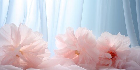 AI Generated. AI Generative. Soft elegant silk flowers decorative art in blue white pink colors. Graphic Art