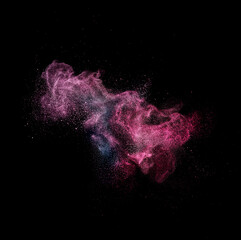 Pink violet colored cloud stardust glitter in air on black background for overlay blending mode....