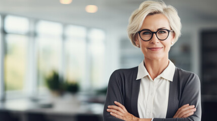 Smiling confident stylish mature middle aged woman standing at home office. Old senior businesswoman, 60s gray-haired lady executive business leader manager looking at camera arms crossed, portrait. - obrazy, fototapety, plakaty