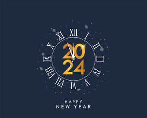 2024 New Year and Merry Christmas banner with gold vintage clock and Roman numerals. 2024 New Year card with golden clock-face dial and decorations. Vector illustration. - obrazy, fototapety, plakaty