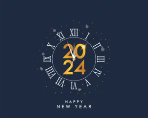 Fotobehang 2024 New Year and Merry Christmas banner with gold vintage clock and Roman numerals. 2024 New Year card with golden clock-face dial and decorations. Vector illustration. © Roman