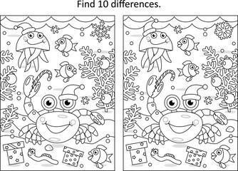 Underwater Christmas or New Year celebration party difference game and coloring page with crab and funny scene of sea life
