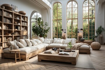 Scandinavian living room flooded with natural light through large windows