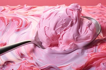 a scoop of ice cream with a spoon full of pink