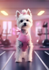 Cartoon sporty white dog ready for training in the gym, AI