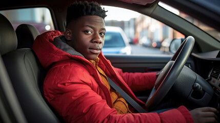 Dark-skinned serious teenager driving a car learns driving in a driving school