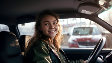 Fototapeta na wymiar A teenage girl driving a car learns to drive at a driving school.