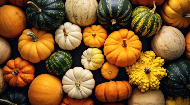 A bunch of different colored fresh pumpkins arranged on a table