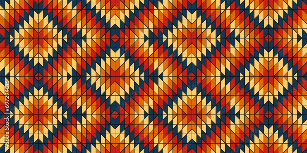 Poster geometric texture mosaic, colored glass, small mosaic. pattern of patterned ornamental rhombuses. ve