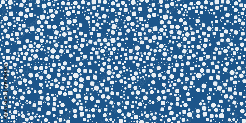 Poster Blue background and white shapes scattered randomly in a pattern.