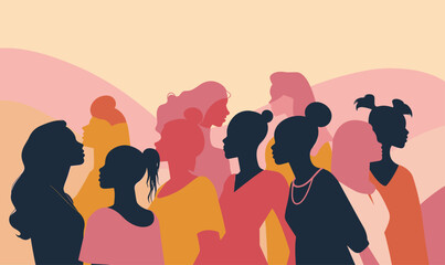silhouettes of diverse women,  international women's day vector banner