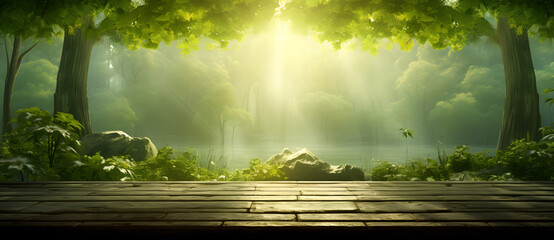 Sunlight filtering through a bamboo forest onto a wooden platform - obrazy, fototapety, plakaty