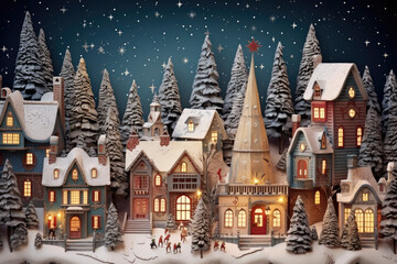Fototapeta na wymiar Winter village with snow covered houses and streetlights at night illustration.