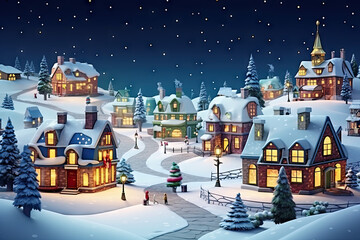 Winter village with snow covered houses and streetlights at night illustration.