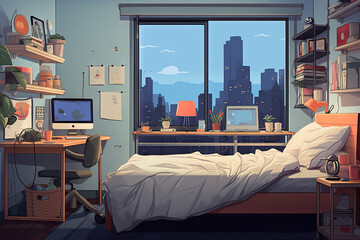 Interior of a bedroom with a bed, bookshelf and plants, vector illustration