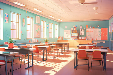 Interior of school classroom. Cartoon illustration of interior of school classroom for web design