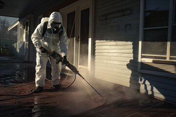 Obraz premium Worker in protective suit and respirator spraying insecticide on wooden floo