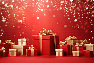 Red gift boxes with golden bows on red bokeh background