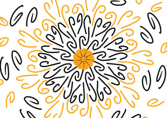 A cheerful sunflower bursts from a black and yellow swirl pattern, its petals reaching for the sun on a white background.