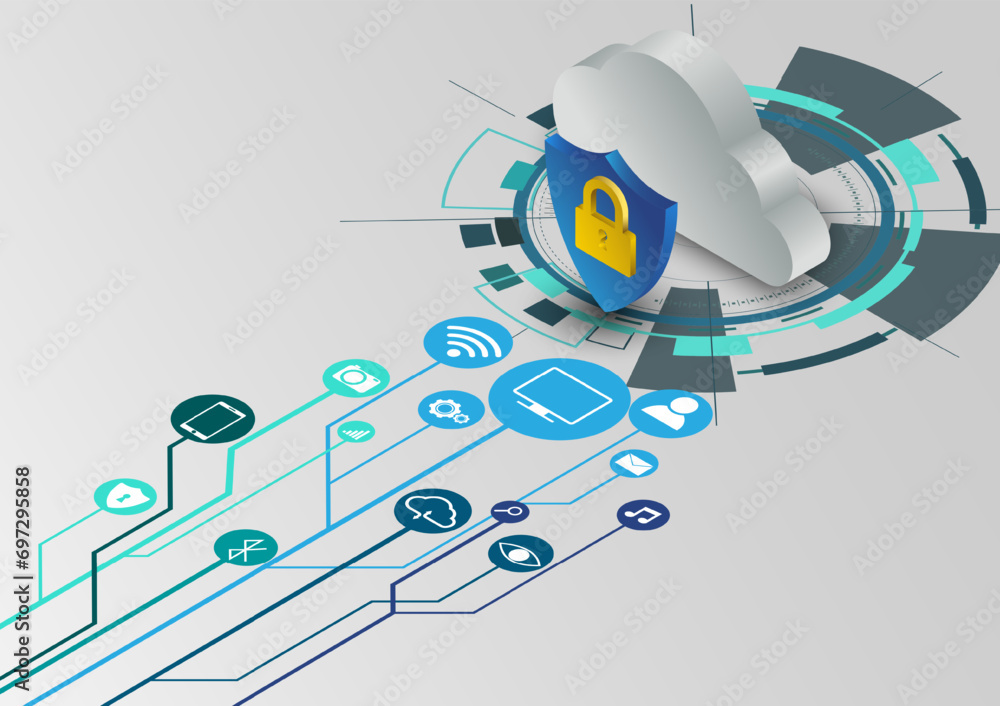Leinwandbilder Database server cloud network isometric background. Data security modern concept. A transparent shield of the Cloud database from virus attacks and hackers. vector illustration.