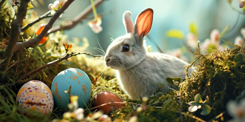 Easter postcard with eggs and bunny, generative AI, illustration