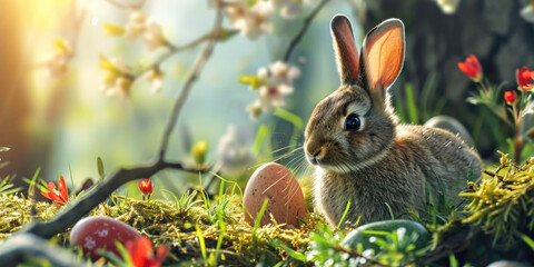 Easter postcard with eggs and bunny, generative AI, illustration