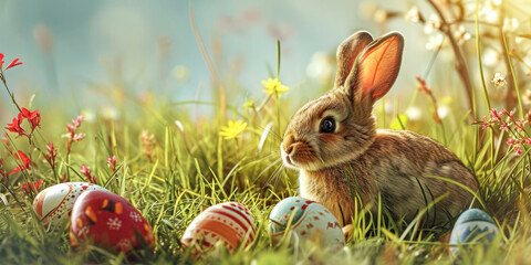 Easter postcard with eggs and bunny, generative AI, illustration