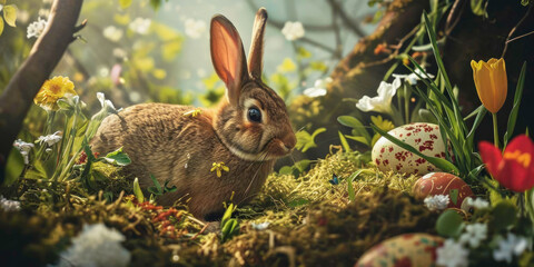 Easter postcard with eggs and bunny, generative AI, illustration