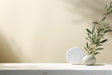 Showcase the beauty of your natural products on this elegant, minimalist display stand, complemented by an olive tree branch, perfect for clean and modern branding.