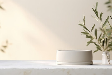 Sophisticated display podium, featuring an olive tree branch and a clean, minimalist design for impactful product showcasing. - obrazy, fototapety, plakaty