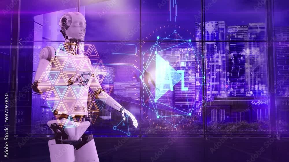 Poster android with artificial intelligence works in the office. 3d render